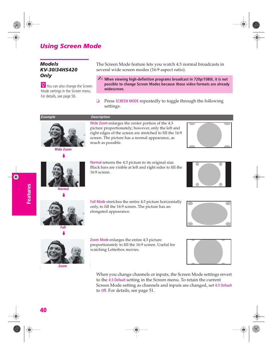 Using screen mode, Models kv-30/34hs420 only | Sony KV-34HS420 User Manual | Page 41 / 73