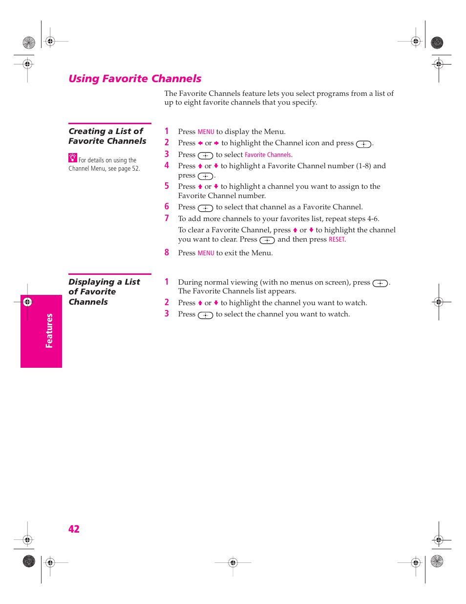 Using favorite channels, Creating a list of favorite channels, Displaying a list of favorite channels | Sony KV-34HS420 User Manual | Page 43 / 73