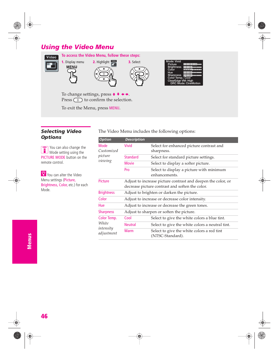 Using the video menu, Selecting video options, See “selecting video options | Sony KV-34HS420 User Manual | Page 47 / 73