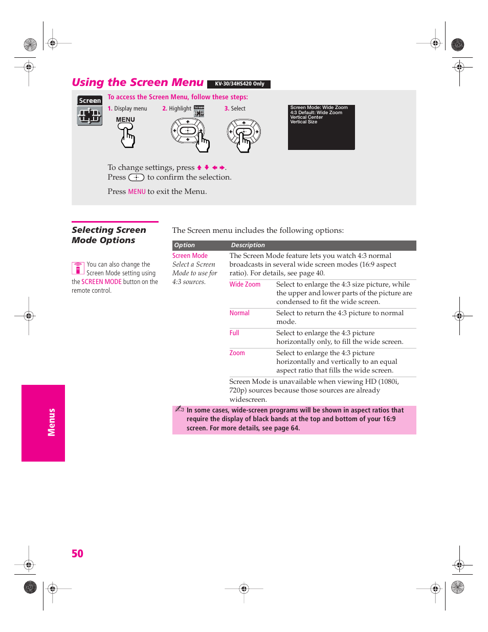 Using the screen menu, Selecting screen mode options | Sony KV-34HS420 User Manual | Page 51 / 73