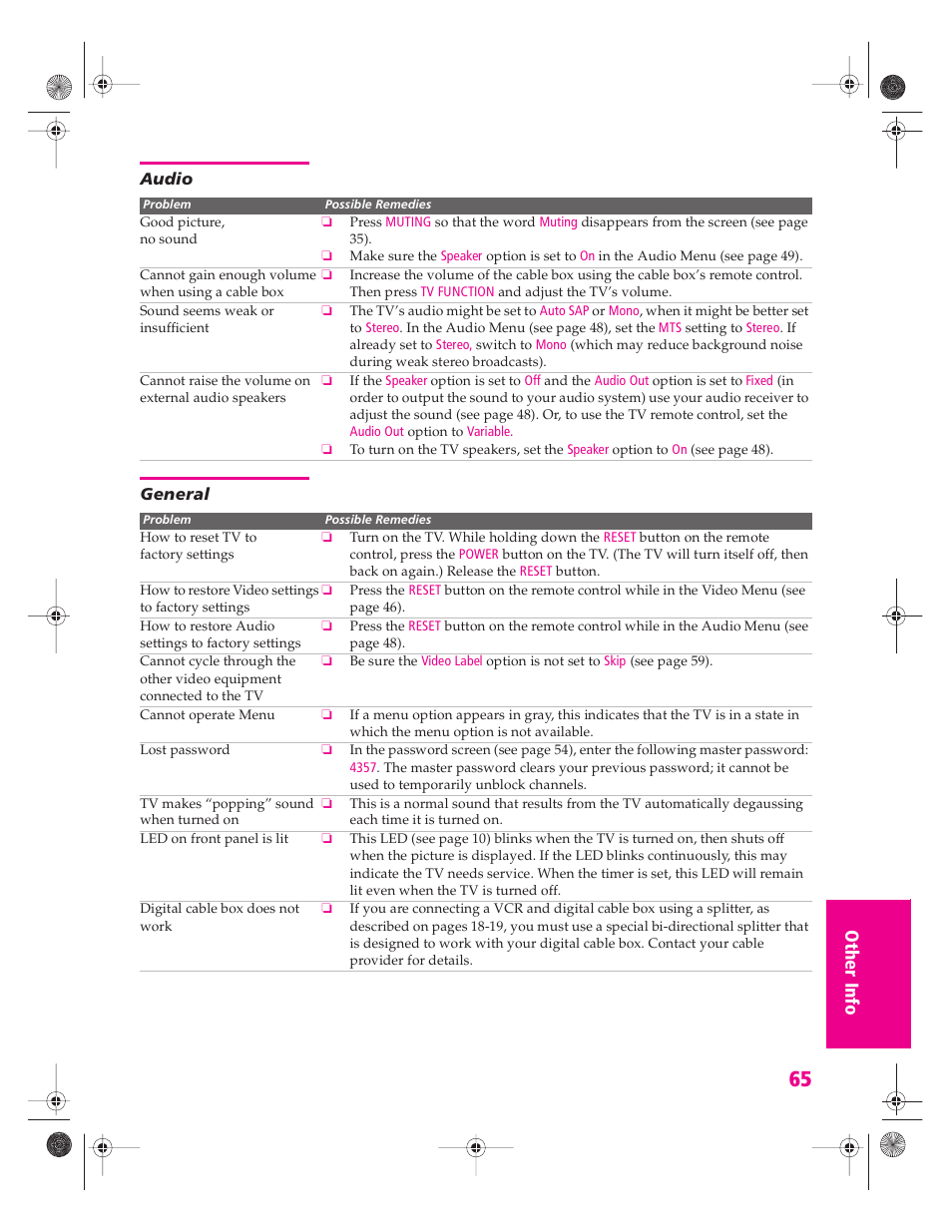 Audio, General | Sony KV-34HS420 User Manual | Page 66 / 73