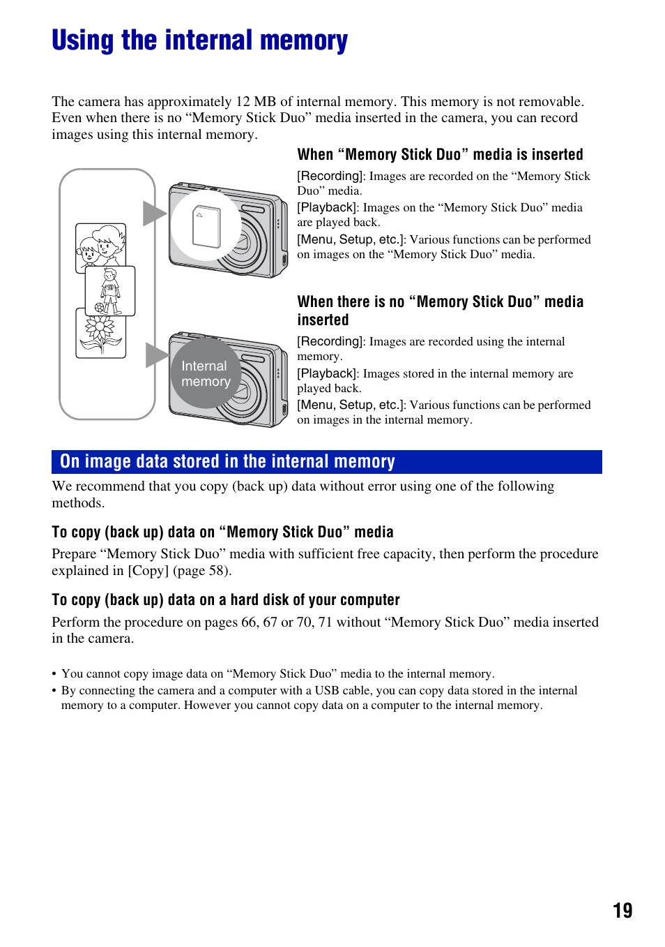 Using the internal memory | Sony DSC-S930 User Manual | Page 19 / 100