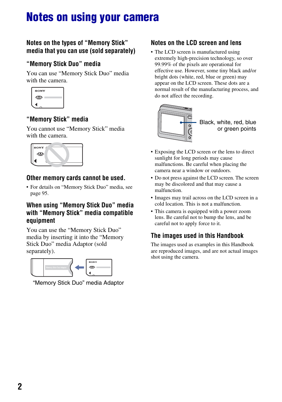 Notes on using your camera | Sony DSC-S930 User Manual | Page 2 / 100