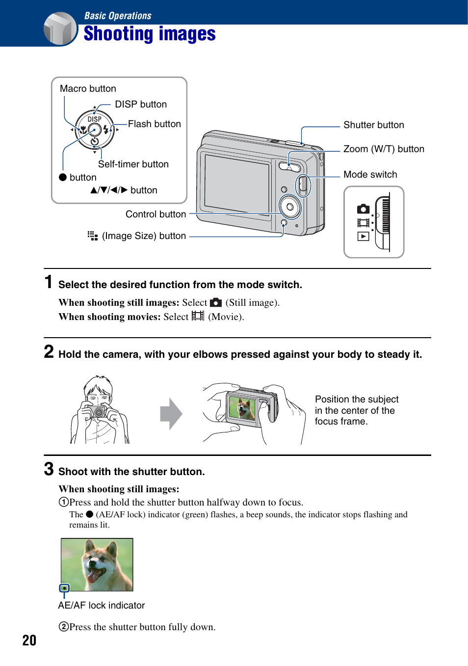 Basic operations, Shooting images, Tton (20) | Sony DSC-S930 User Manual | Page 20 / 100