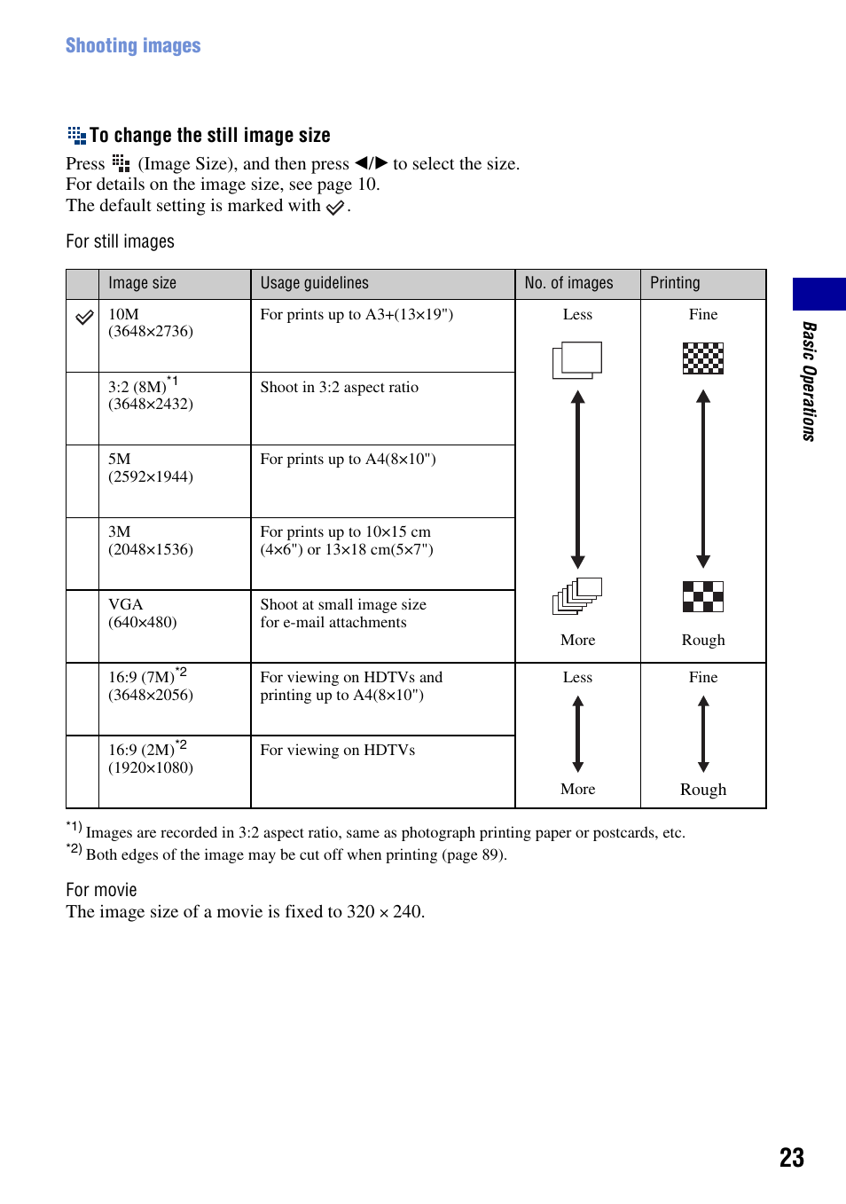 E (23), Shooting images to change the still image size | Sony DSC-S930 User Manual | Page 23 / 100