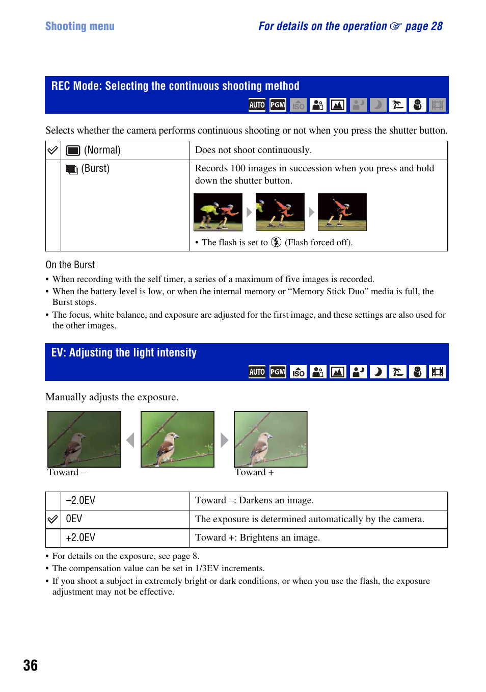 Rec mode: selecting the continuous shooting method, Ev: adjusting the light intensity, E (36) | Sony DSC-S930 User Manual | Page 36 / 100