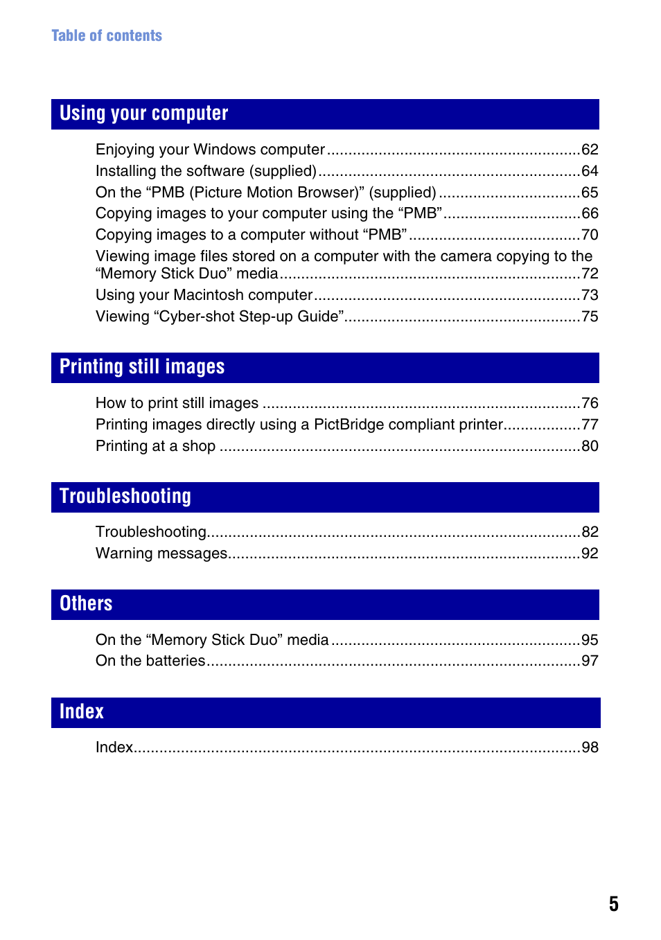 Sony DSC-S930 User Manual | Page 5 / 100