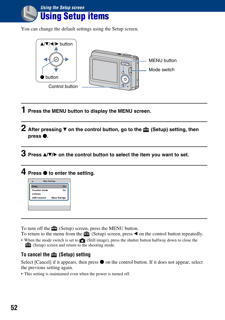 Using the setup screen, Using setup items | Sony DSC-S930 User Manual | Page 52 / 100