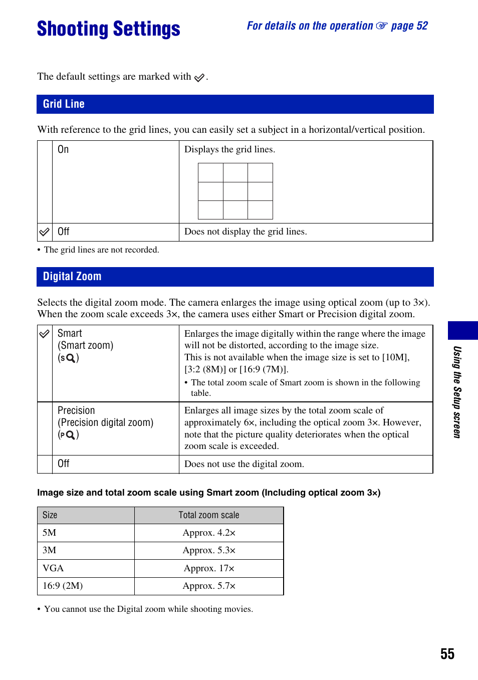 Shooting settings, Grid line, Digital zoom | Grid line digital zoom | Sony DSC-S930 User Manual | Page 55 / 100