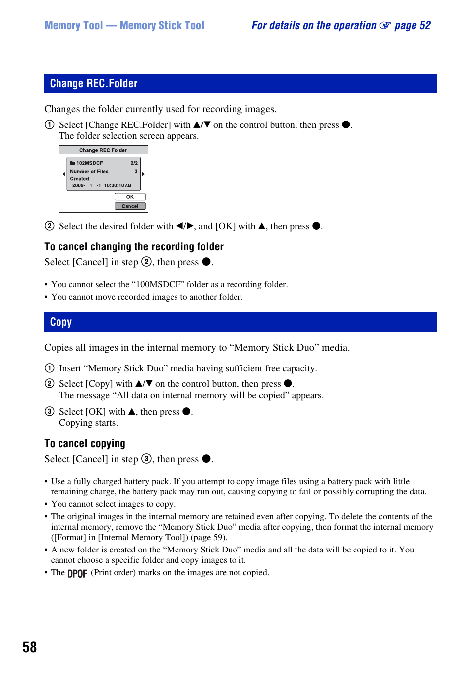 Change rec.folder, Copy, Change rec.folder copy | Sony DSC-S930 User Manual | Page 58 / 100