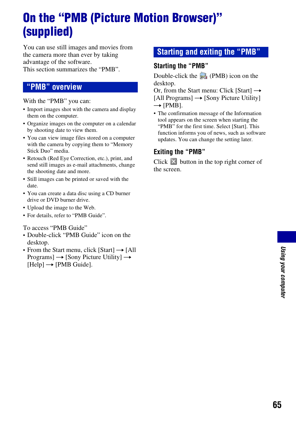 On the “pmb (picture motion browser)” (supplied), Pmb” overview starting and exiting the “pmb | Sony DSC-S930 User Manual | Page 65 / 100