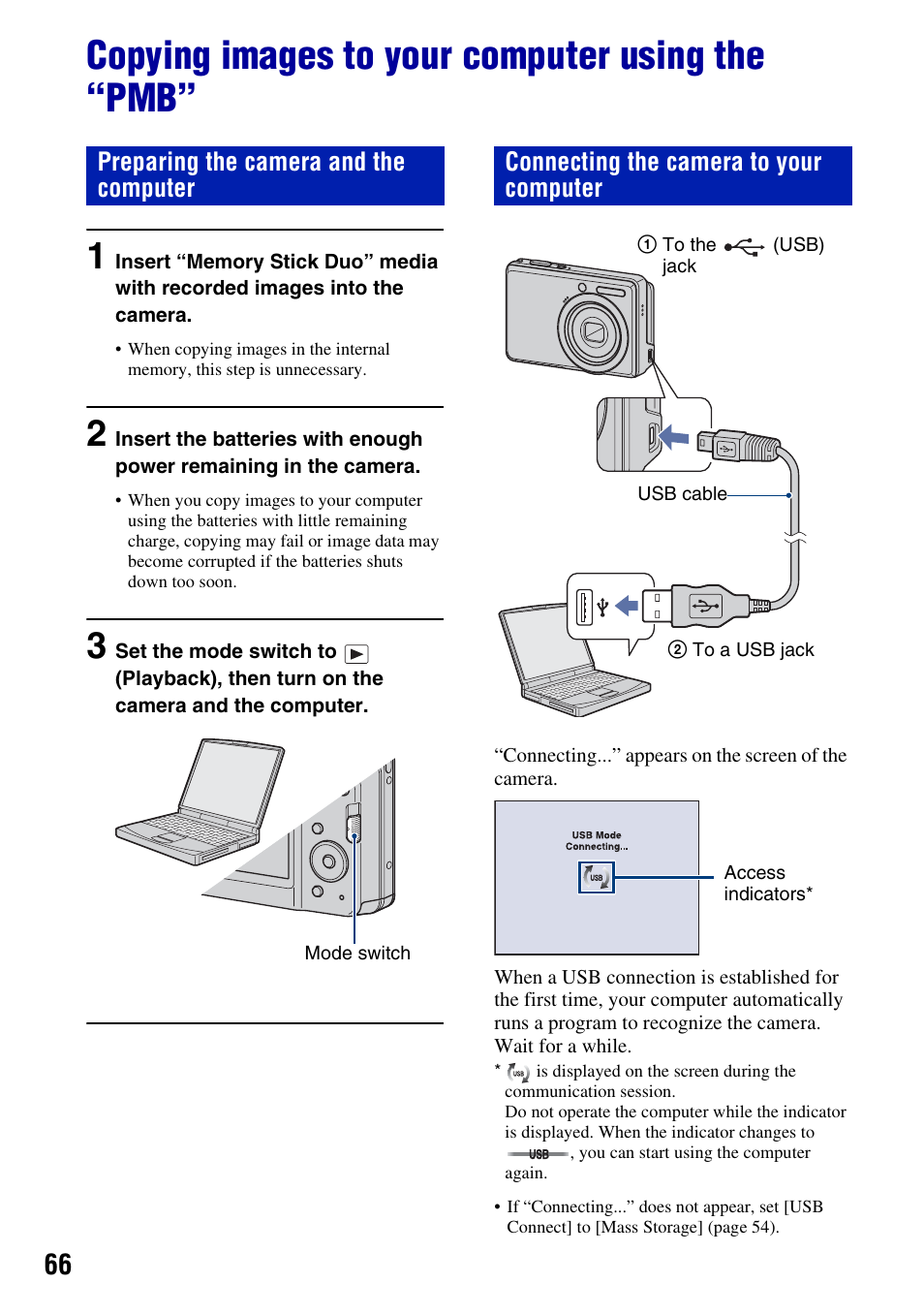 Copying images to your computer using the “pmb, Preparing the camera and the computer, Connecting the camera to your computer | Sony DSC-S930 User Manual | Page 66 / 100