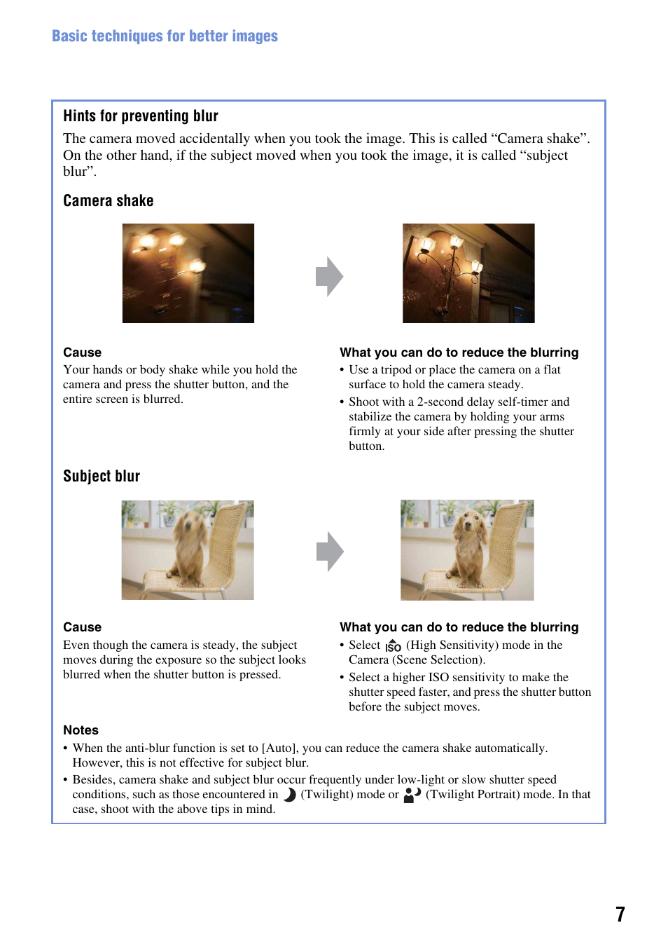 Hints for preventing blur” on | Sony DSC-S930 User Manual | Page 7 / 100