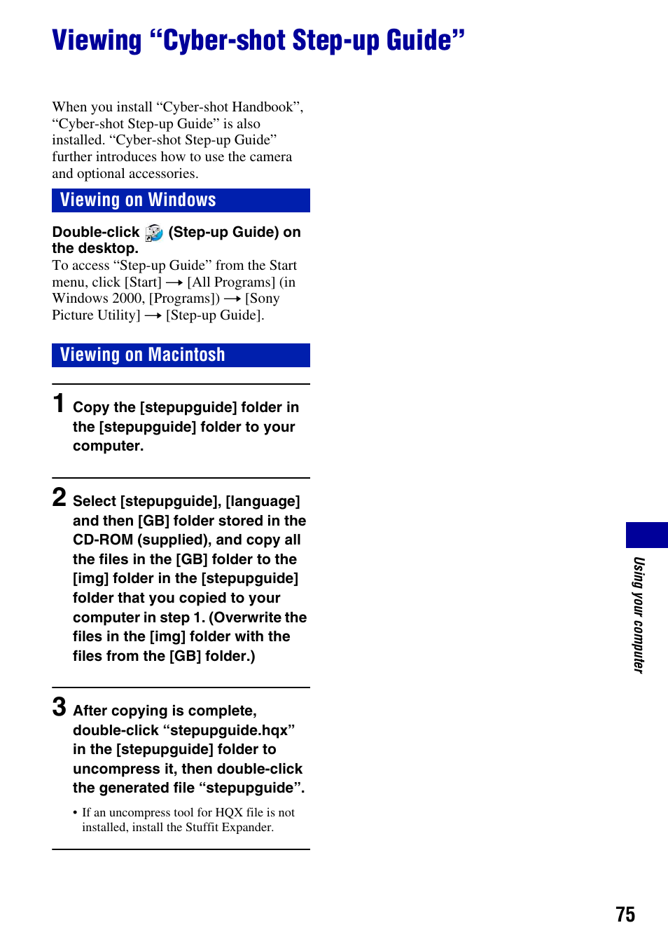 Viewing “cyber-shot step-up guide | Sony DSC-S930 User Manual | Page 75 / 100