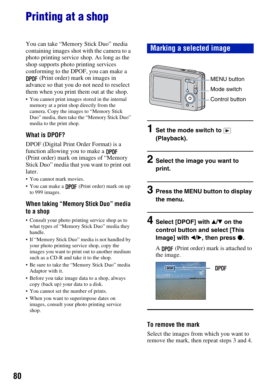 Printing at a shop, Marking a selected image | Sony DSC-S930 User Manual | Page 80 / 100