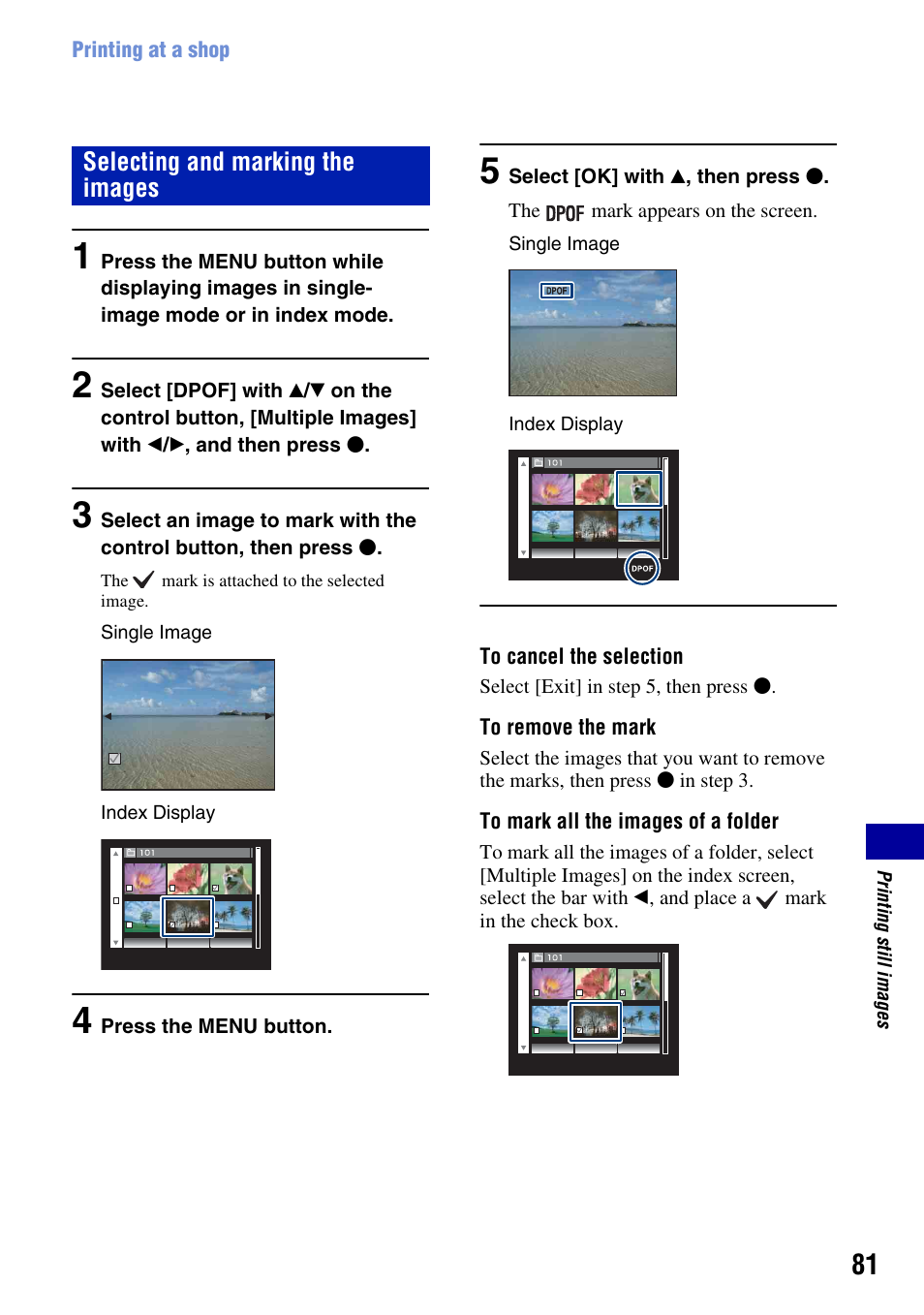 Selecting and marking the images | Sony DSC-S930 User Manual | Page 81 / 100
