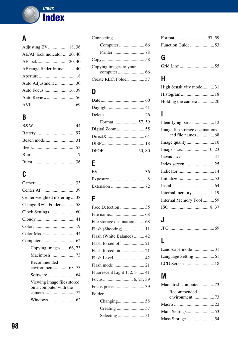 Index | Sony DSC-S930 User Manual | Page 98 / 100
