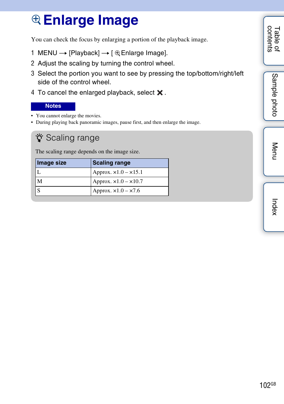 Enlarge image, Scaling range | Sony ILCE-3000 User Manual | Page 102 / 195