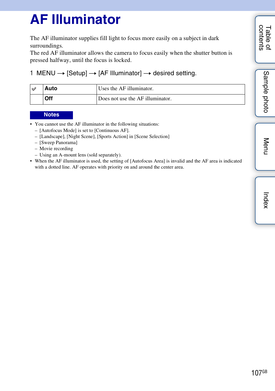 Af illuminator | Sony ILCE-3000 User Manual | Page 107 / 195