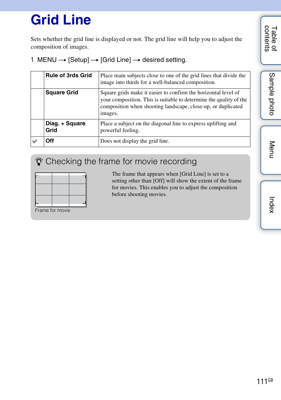 Grid line, Checking the frame for movie recording | Sony ILCE-3000 User Manual | Page 111 / 195