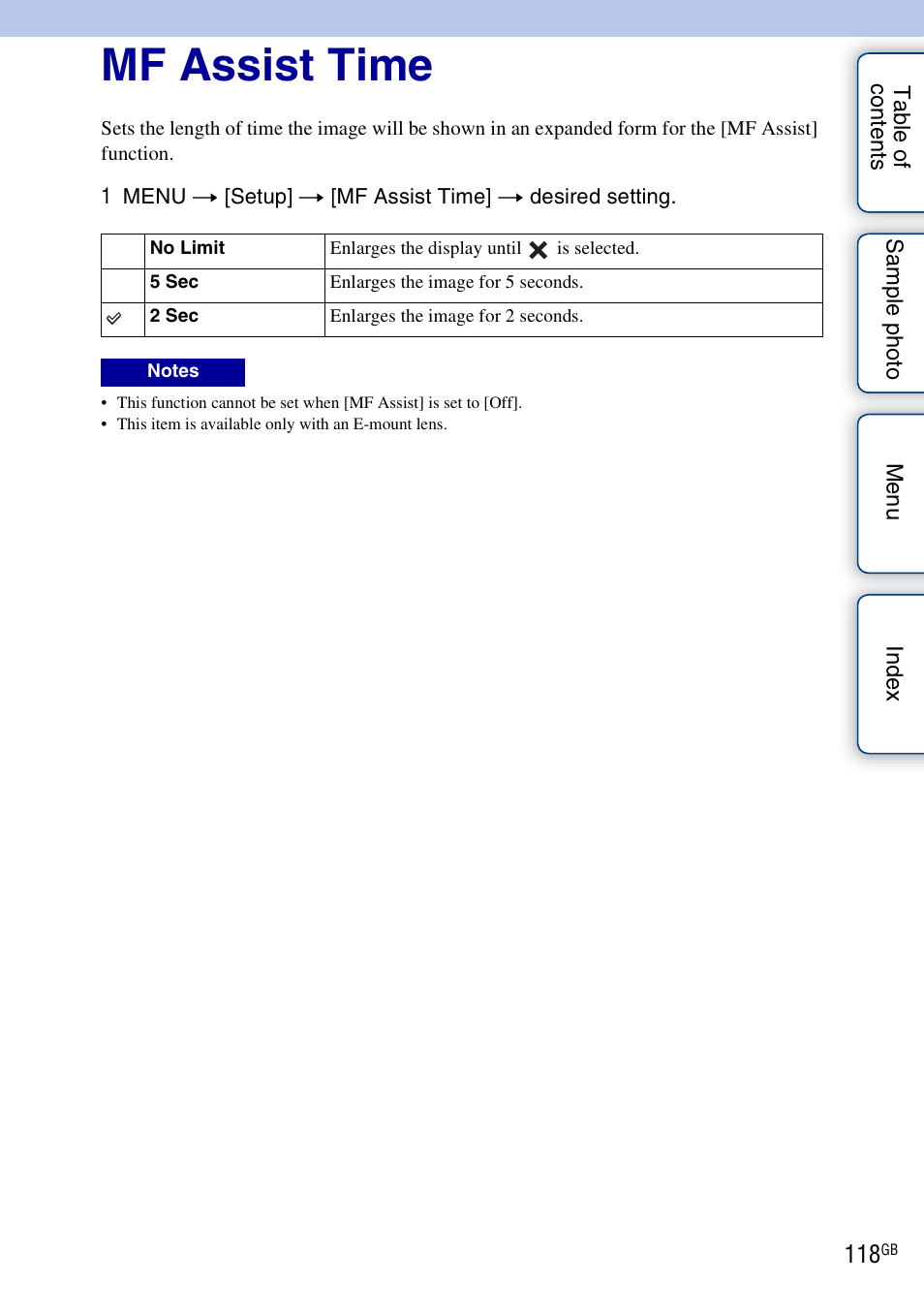 Mf assist time | Sony ILCE-3000 User Manual | Page 118 / 195