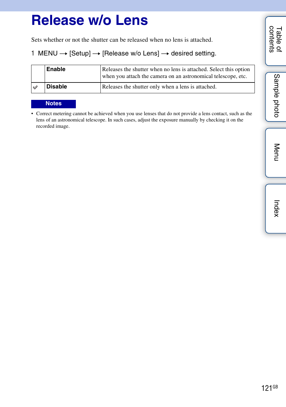 Release w/o lens | Sony ILCE-3000 User Manual | Page 121 / 195