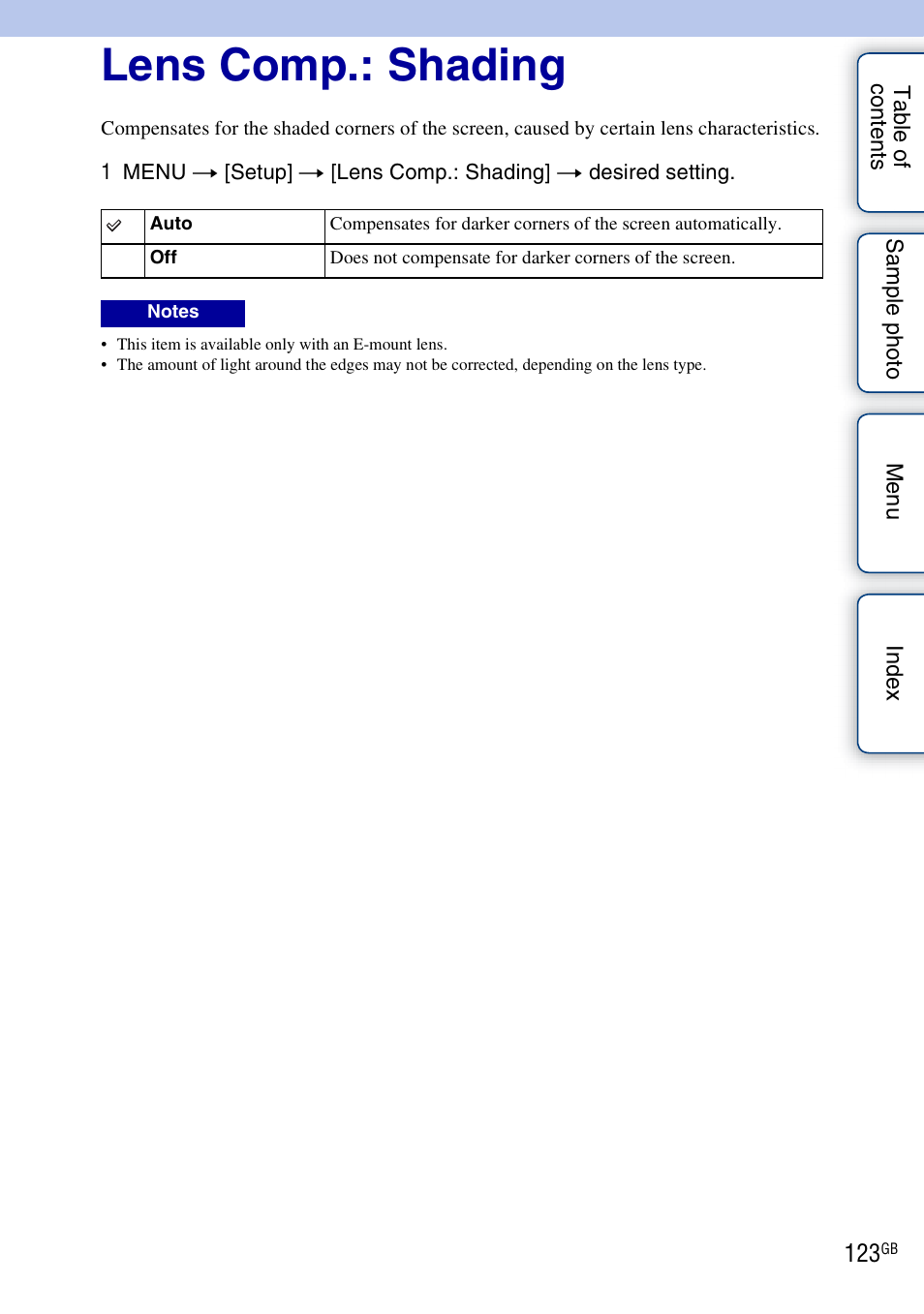 Lens comp.: shading | Sony ILCE-3000 User Manual | Page 123 / 195