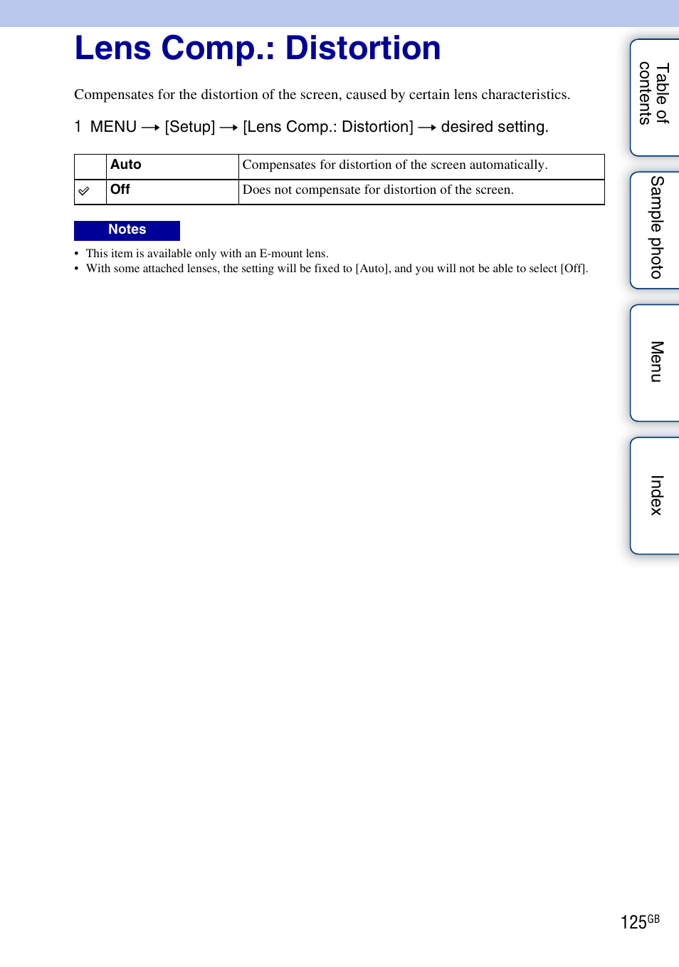 Lens comp.: distortion | Sony ILCE-3000 User Manual | Page 125 / 195