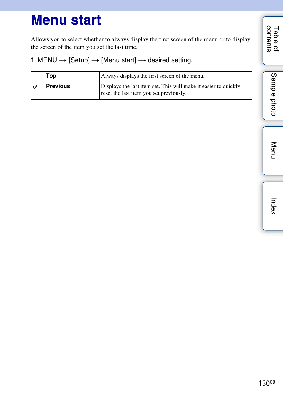 Menu start | Sony ILCE-3000 User Manual | Page 130 / 195