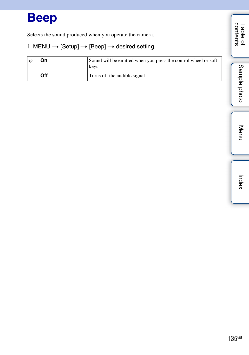 Beep | Sony ILCE-3000 User Manual | Page 135 / 195