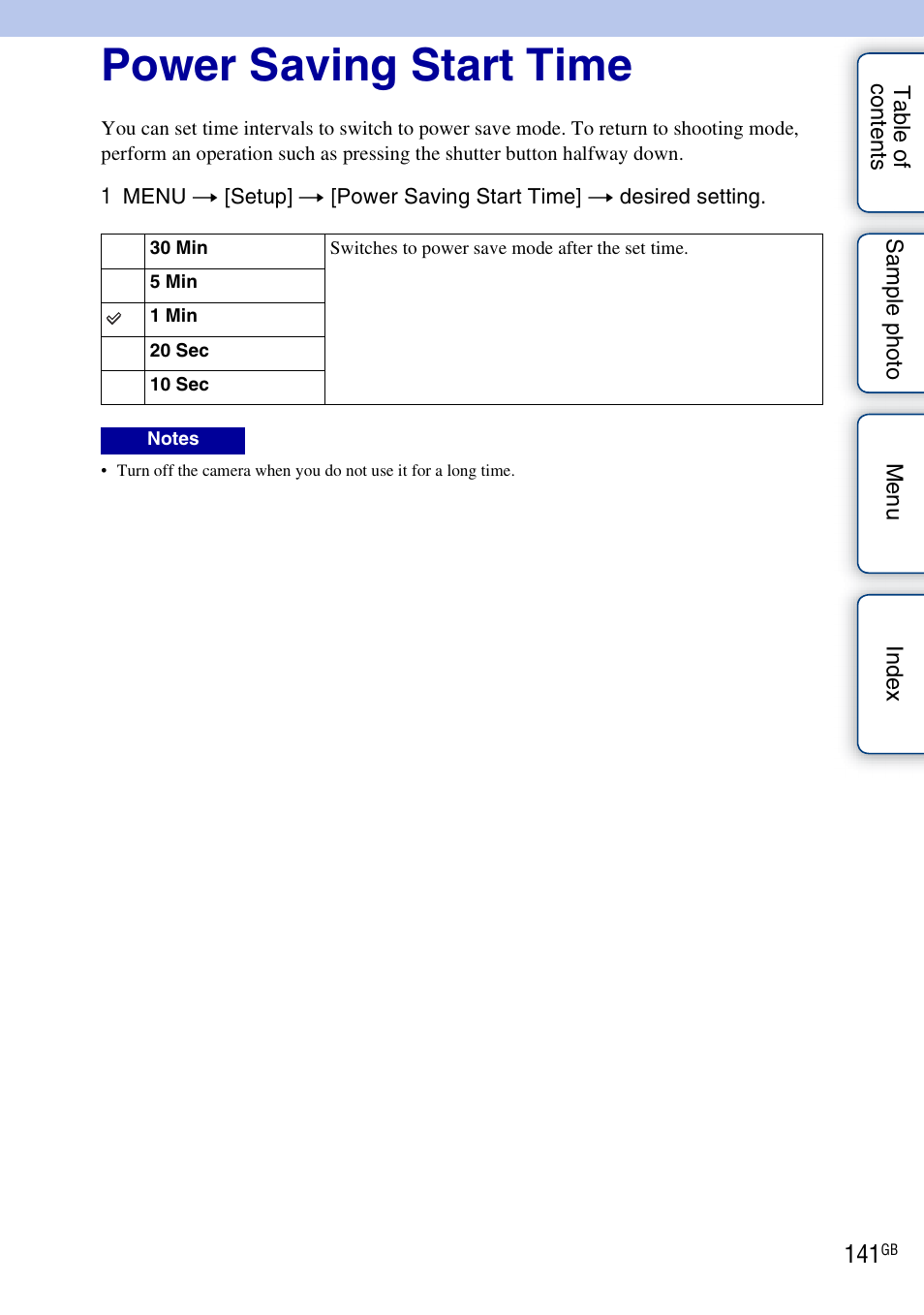 Power saving start time | Sony ILCE-3000 User Manual | Page 141 / 195