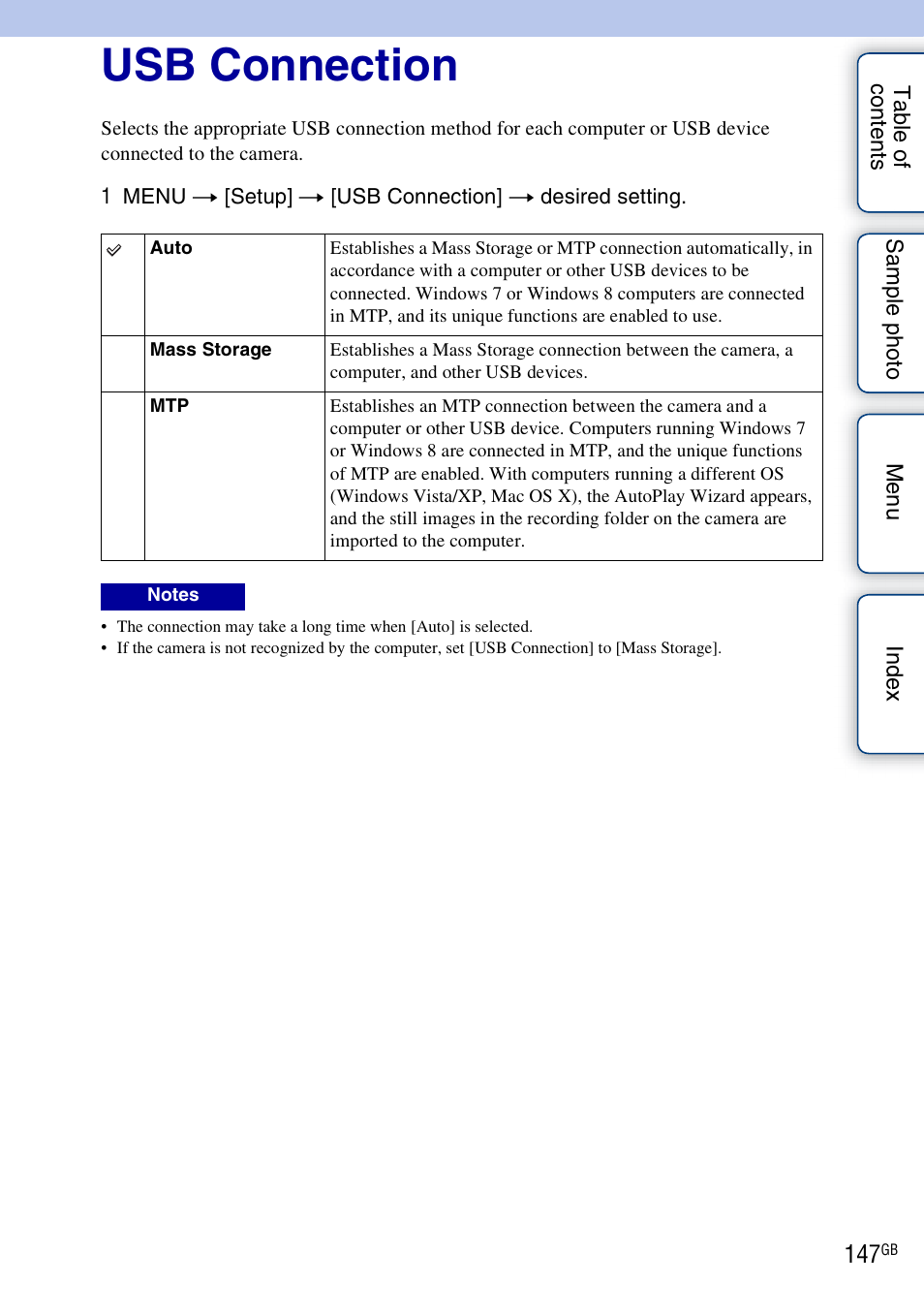 Usb connection | Sony ILCE-3000 User Manual | Page 147 / 195