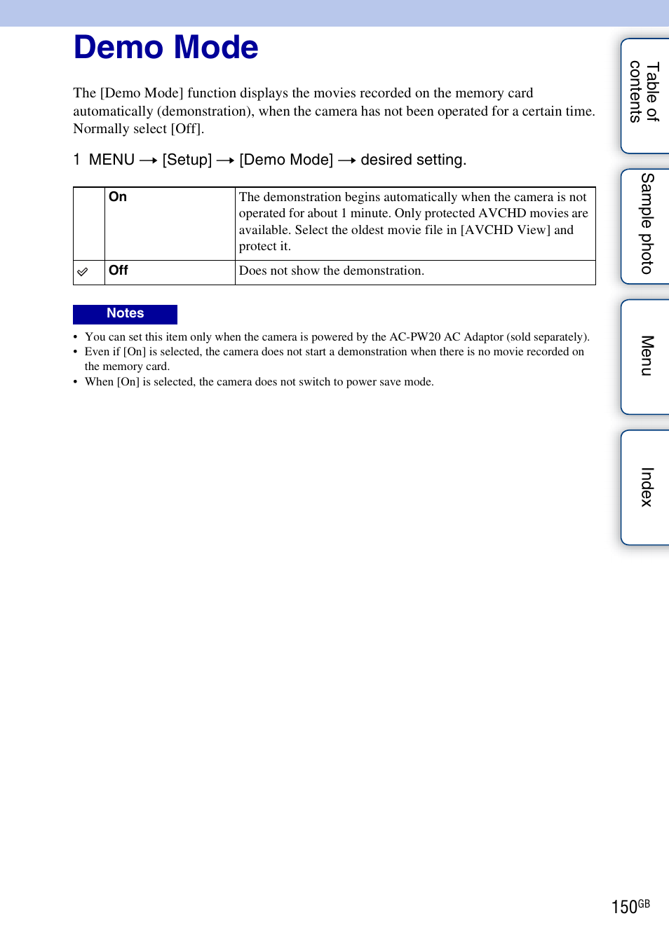 Demo mode | Sony ILCE-3000 User Manual | Page 150 / 195