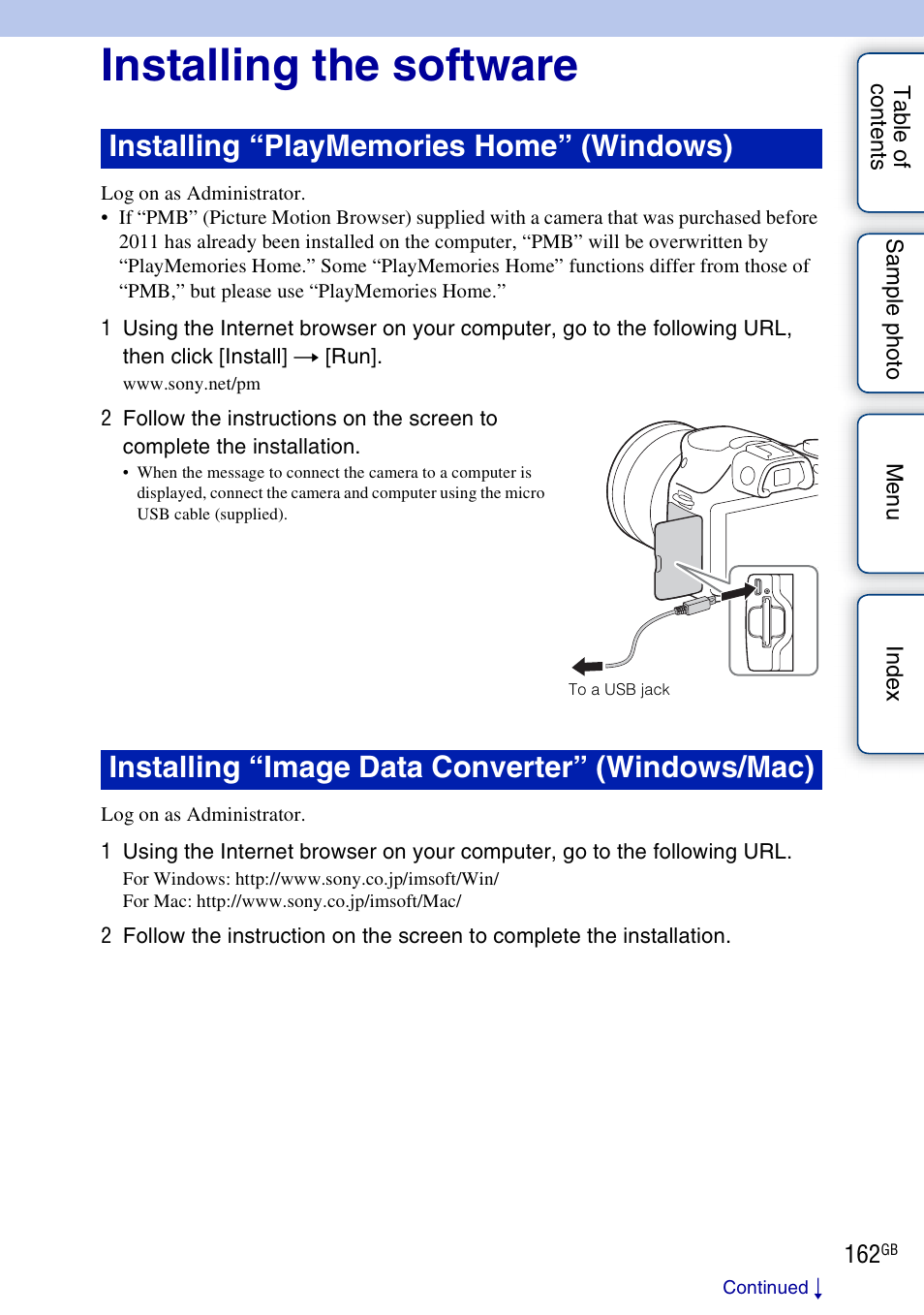 Installing the software, Installing “image data converter” (windows/mac) | Sony ILCE-3000 User Manual | Page 162 / 195