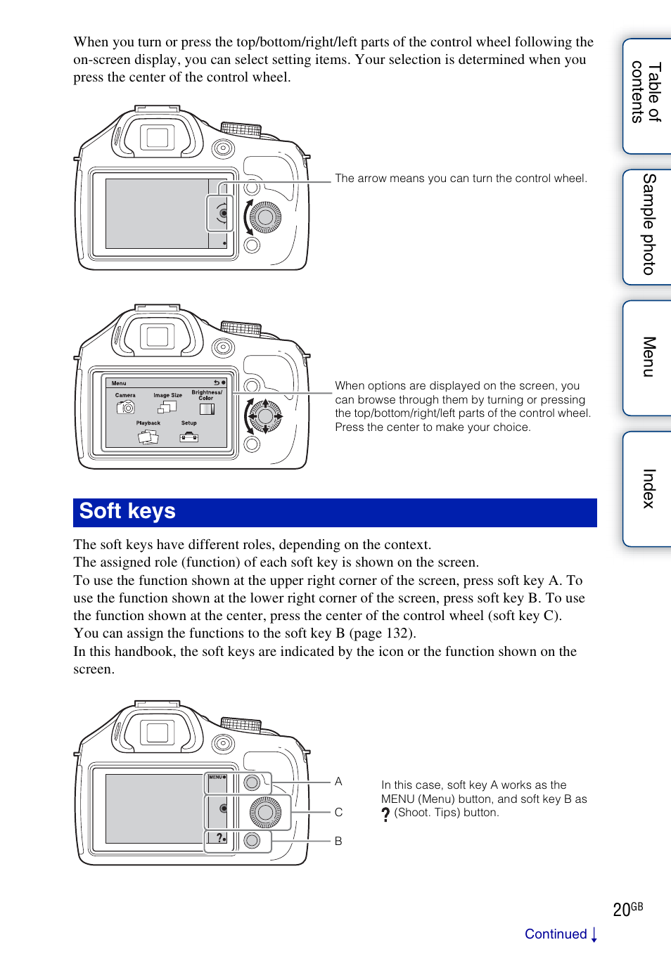 B (20), C (20), Soft keys | Sony ILCE-3000 User Manual | Page 20 / 195