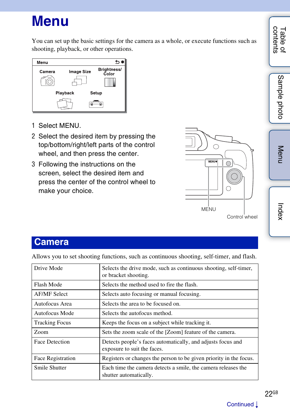 Menu, Using functions in the menu, Camera | Sony ILCE-3000 User Manual | Page 22 / 195