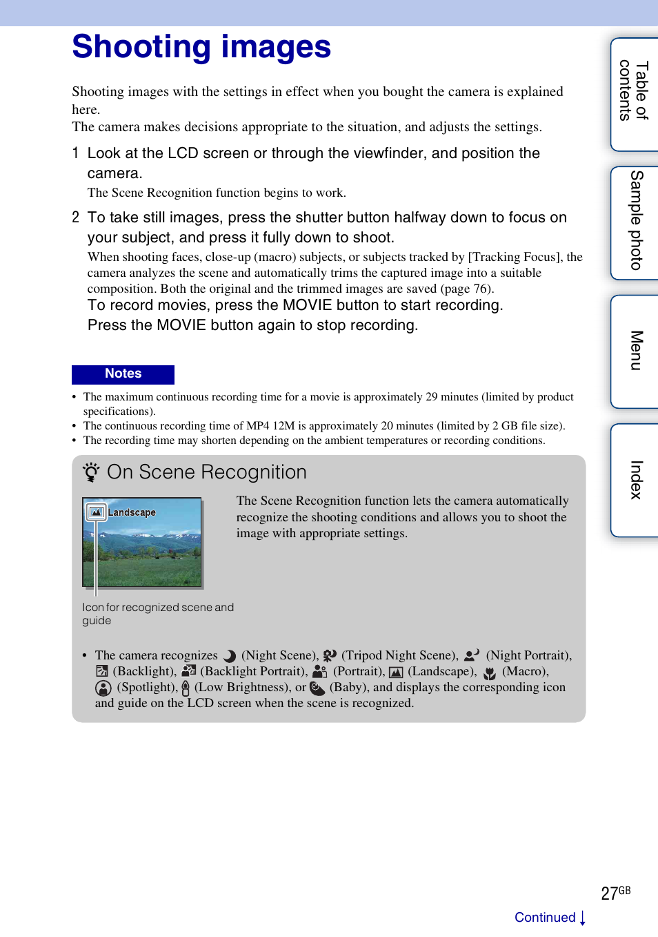 Shooting images, On scene recognition | Sony ILCE-3000 User Manual | Page 27 / 195