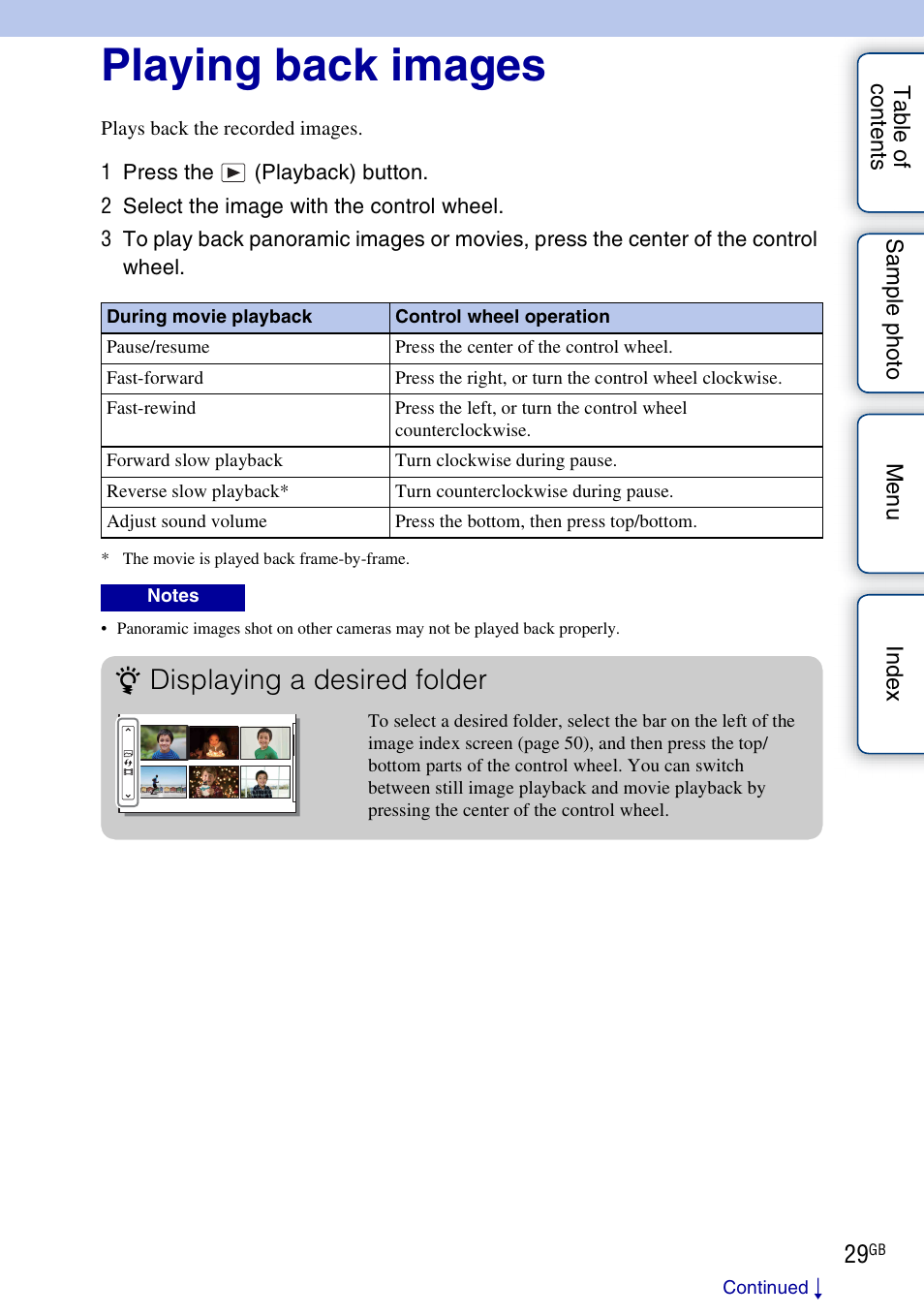 Playing back images, On (29), Displaying a desired folder | Sony ILCE-3000 User Manual | Page 29 / 195