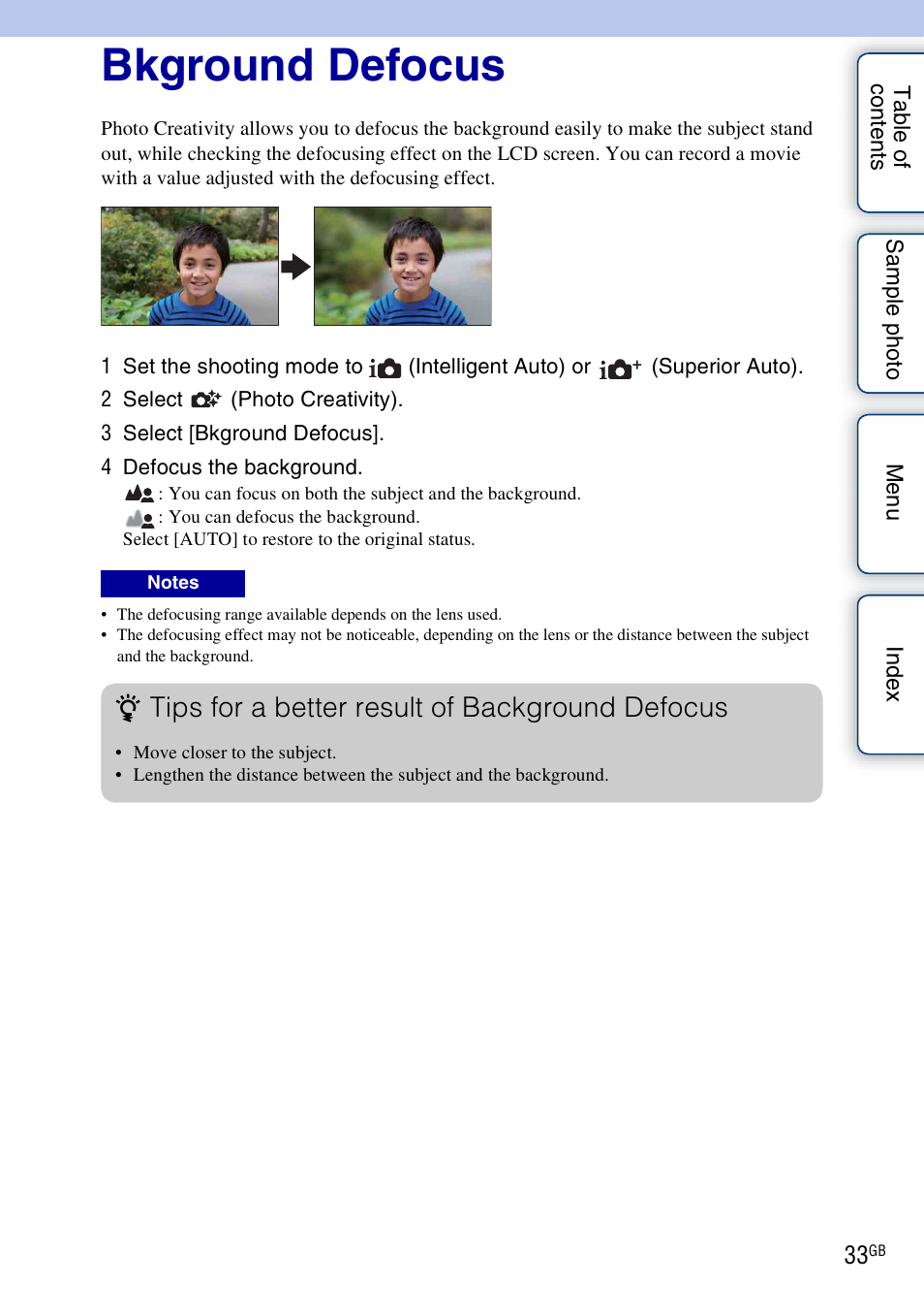 Bkground defocus, Ay (33), Ound (33) | Tips for a better result of background defocus | Sony ILCE-3000 User Manual | Page 33 / 195