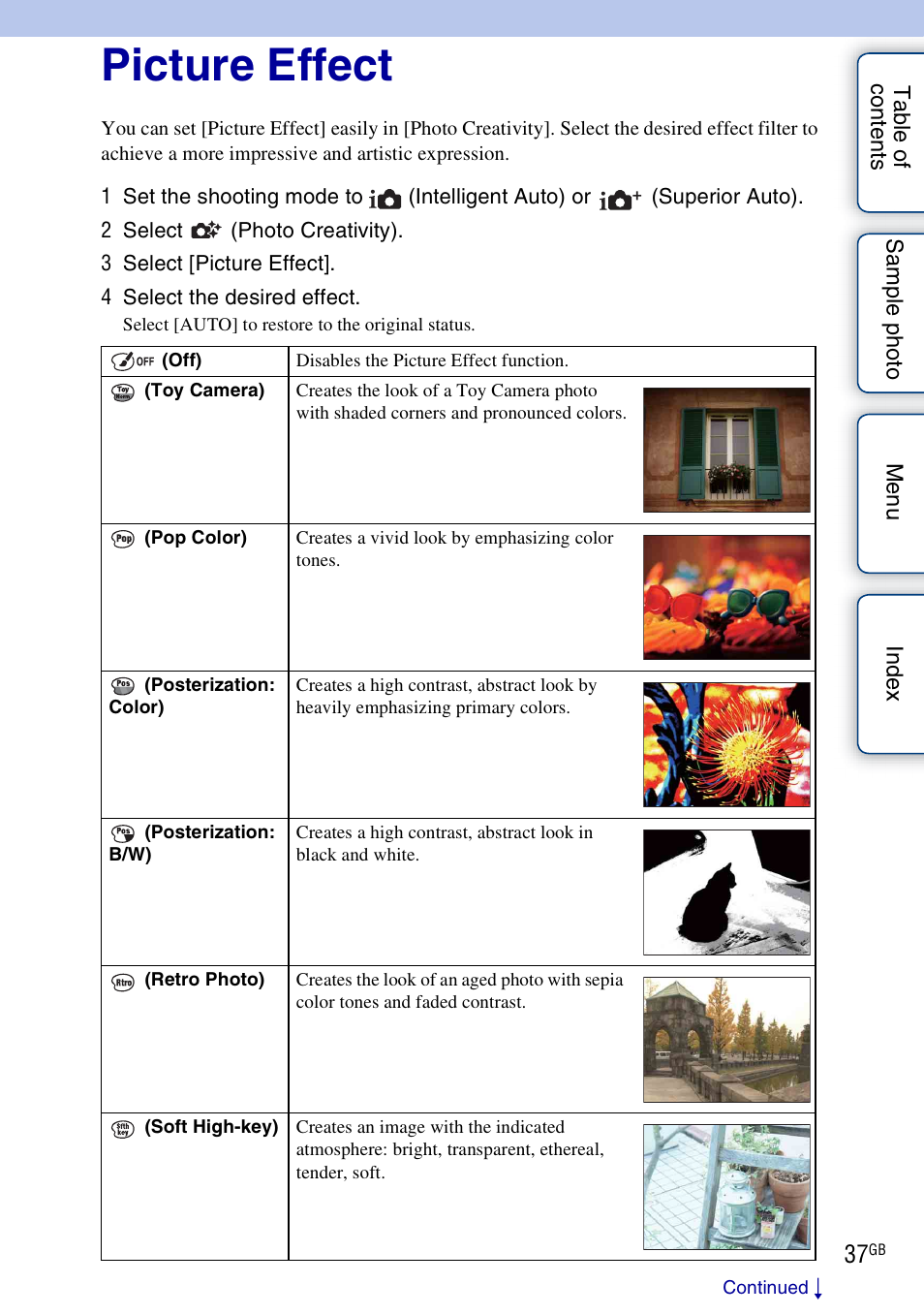 Picture effect | Sony ILCE-3000 User Manual | Page 37 / 195