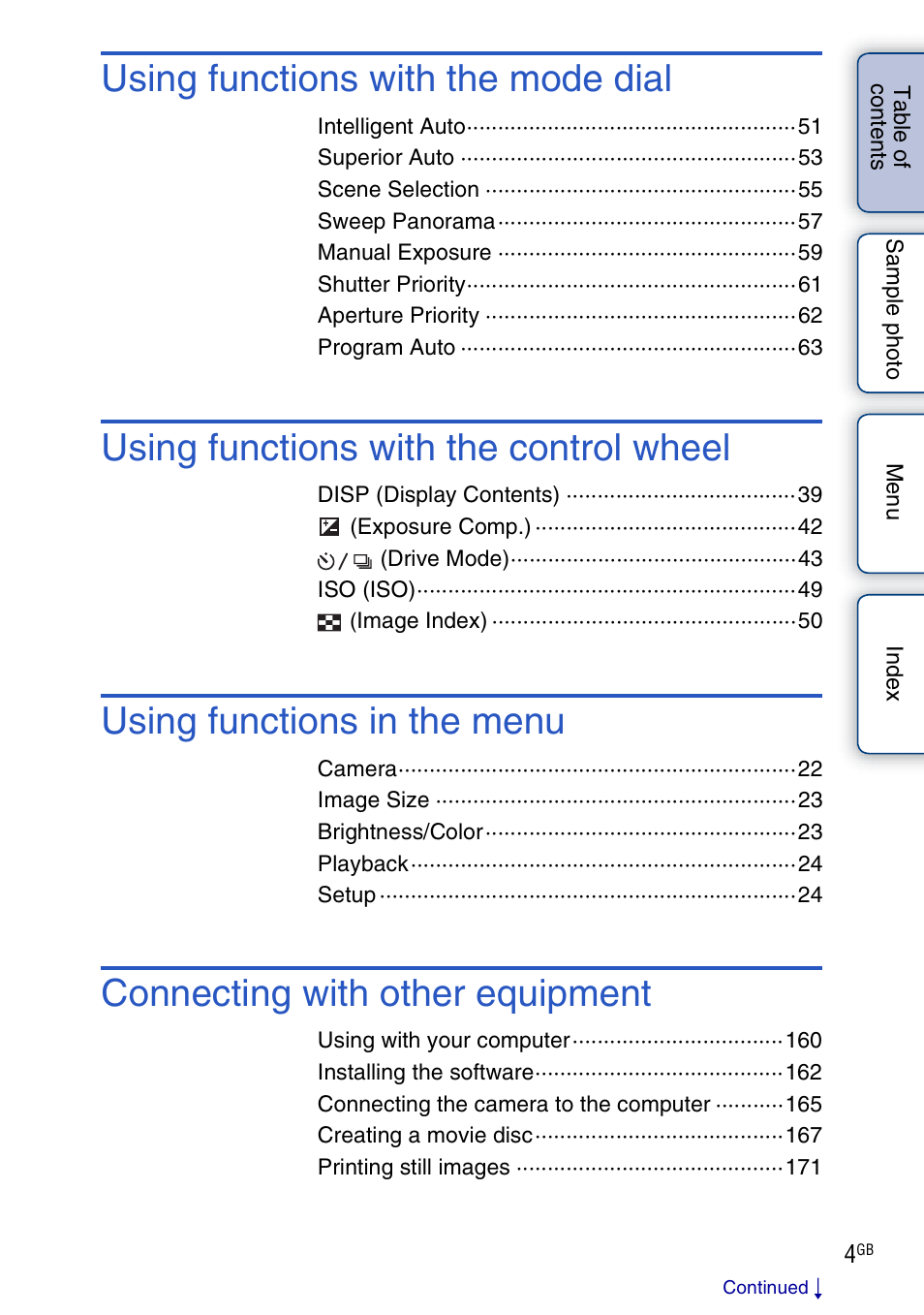 Using functions with the mode dial, Using functions with the control wheel, Using functions in the menu | Connecting with other equipment | Sony ILCE-3000 User Manual | Page 4 / 195