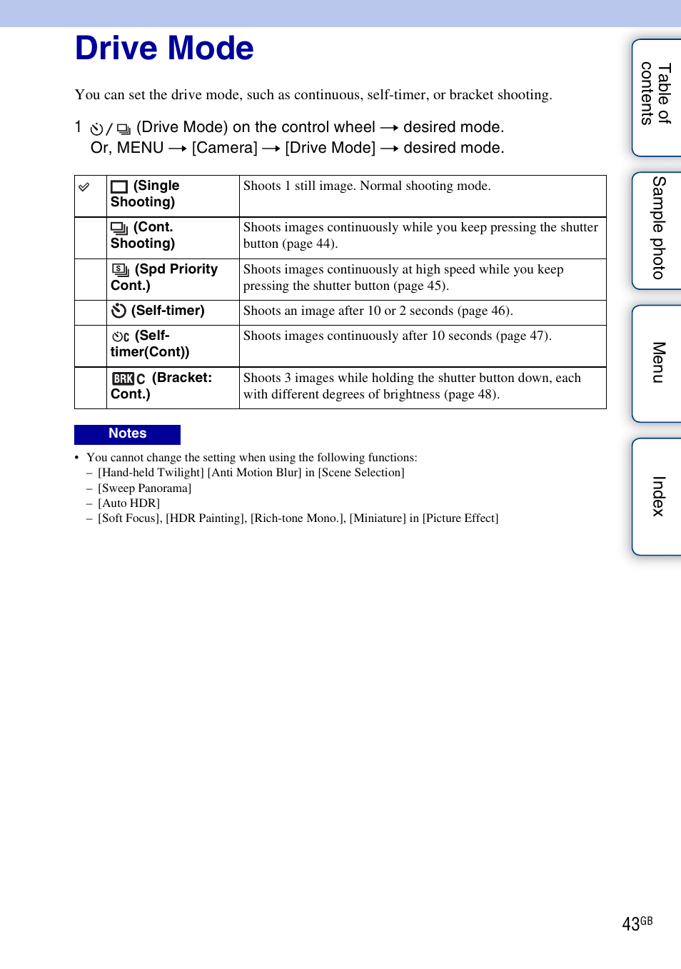 Drive mode | Sony ILCE-3000 User Manual | Page 43 / 195