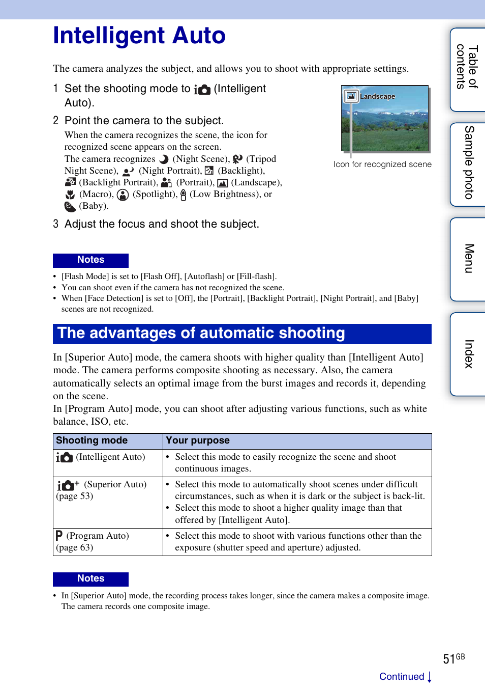 Intelligent auto, Using functions with the mode dial, Intelligent auto) | The advantages of automatic shooting | Sony ILCE-3000 User Manual | Page 51 / 195