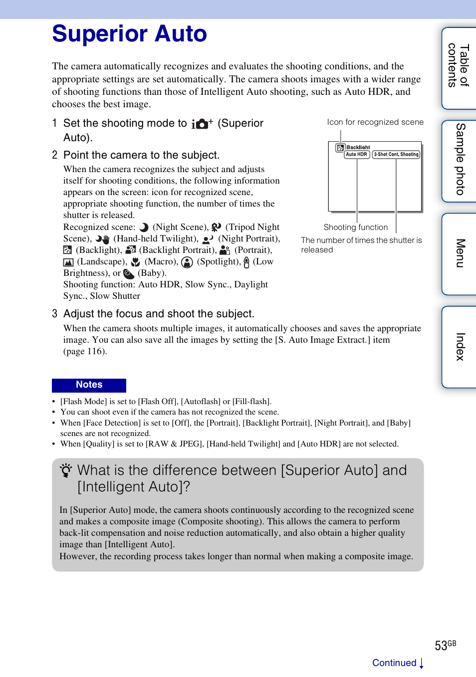 Superior auto, Superior auto) | Sony ILCE-3000 User Manual | Page 53 / 195