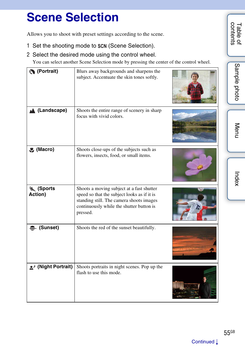 Scene selection, S (55), Scene selection) | Sony ILCE-3000 User Manual | Page 55 / 195