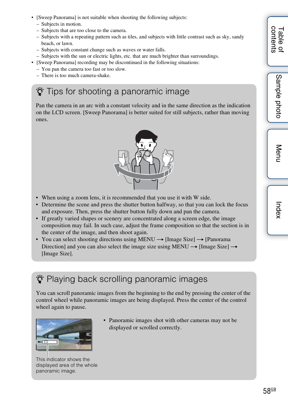 Tips for shooting a panoramic image, Playing back scrolling panoramic images | Sony ILCE-3000 User Manual | Page 58 / 195