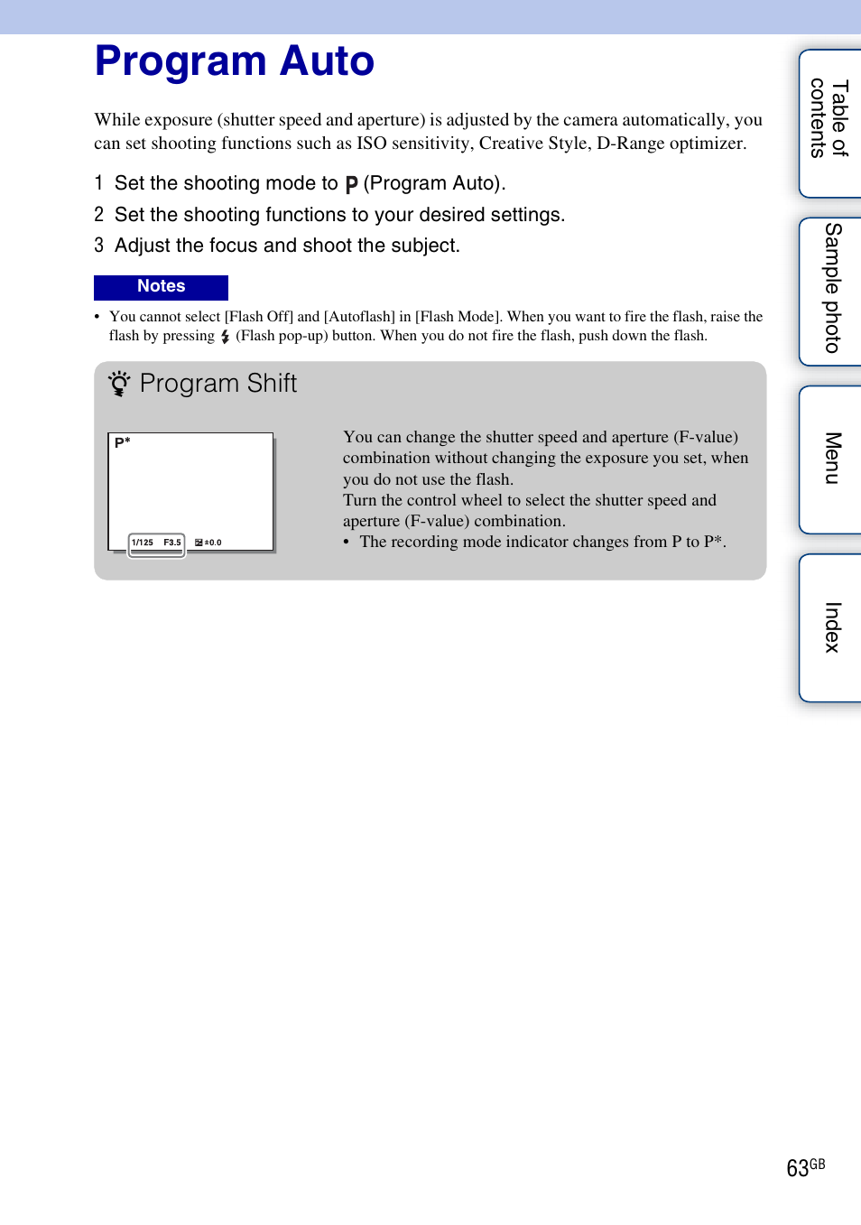 Program auto, Program auto), Program shift | Sony ILCE-3000 User Manual | Page 63 / 195