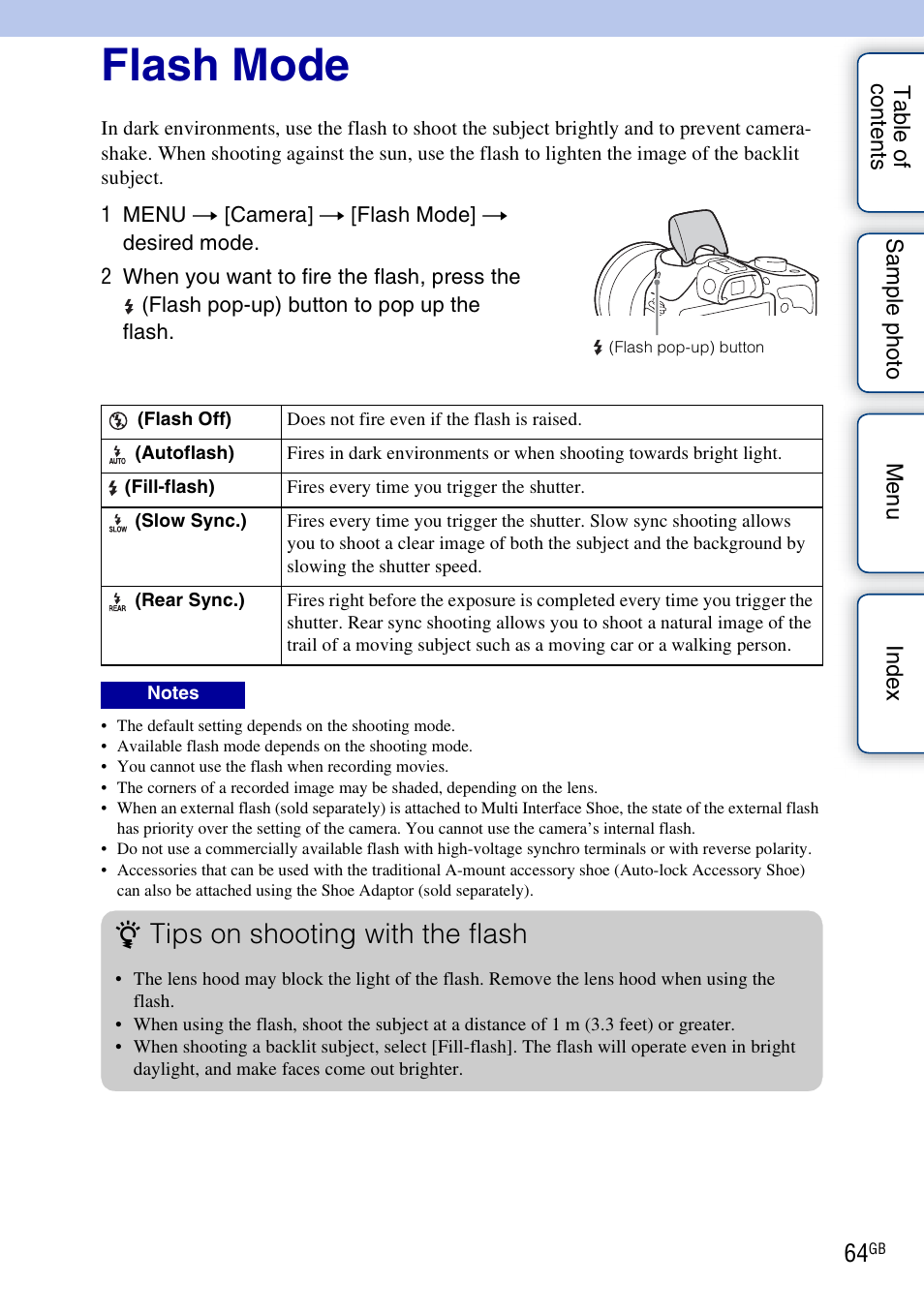 Flash mode, Nd (64, On (64) | Tips on shooting with the flash | Sony ILCE-3000 User Manual | Page 64 / 195