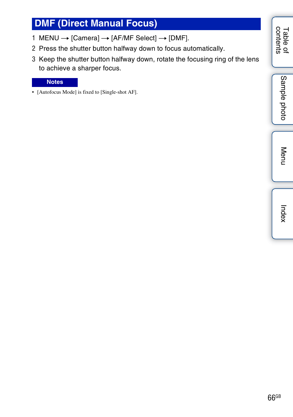 Dmf (direct manual focus) | Sony ILCE-3000 User Manual | Page 66 / 195