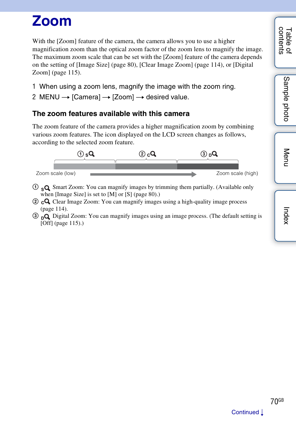 Zoom | Sony ILCE-3000 User Manual | Page 70 / 195